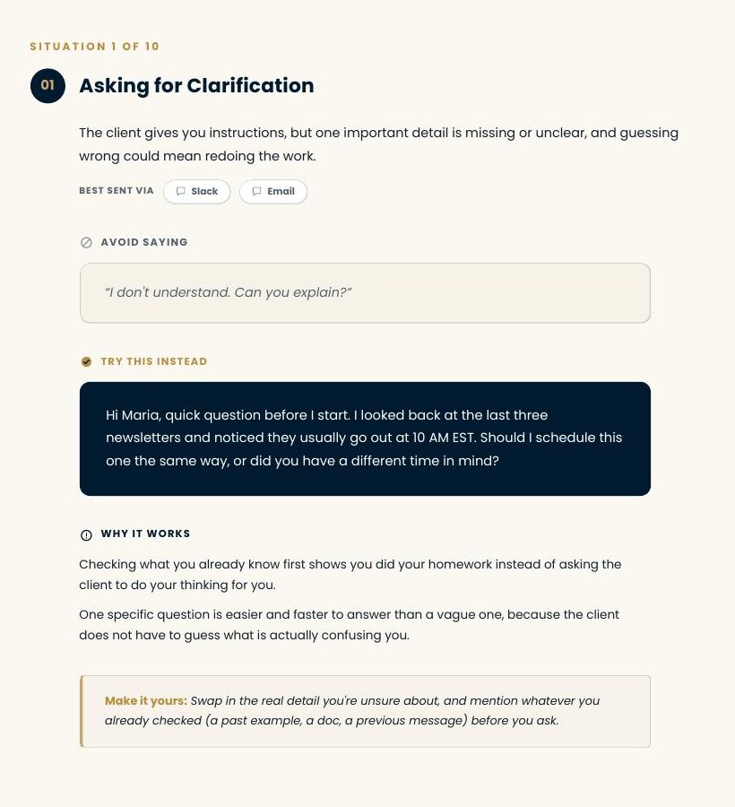 Sample page showing a weaker client message and a clearer rewritten version for asking a clarifying question.