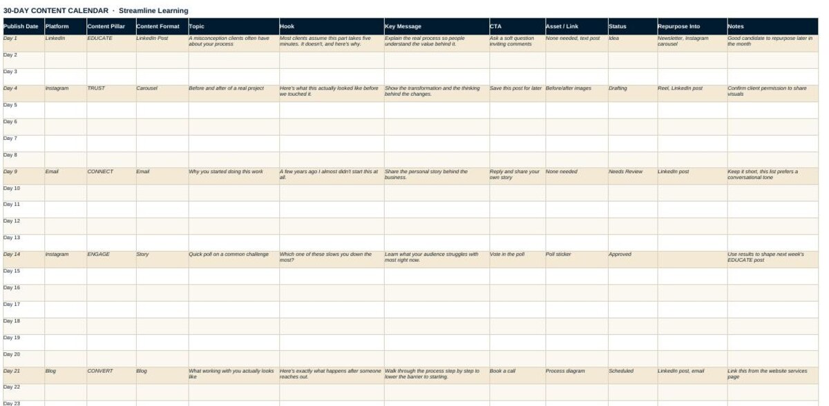 Preview of the editable 30-day content calendar spreadsheet