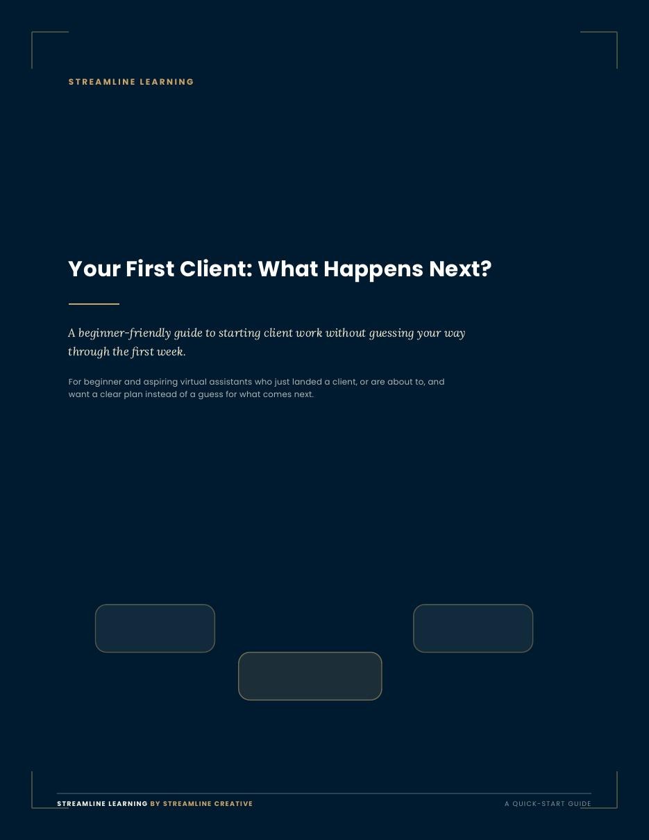 Cover page of the quick-start guide, Your First Client: What Happens Next?