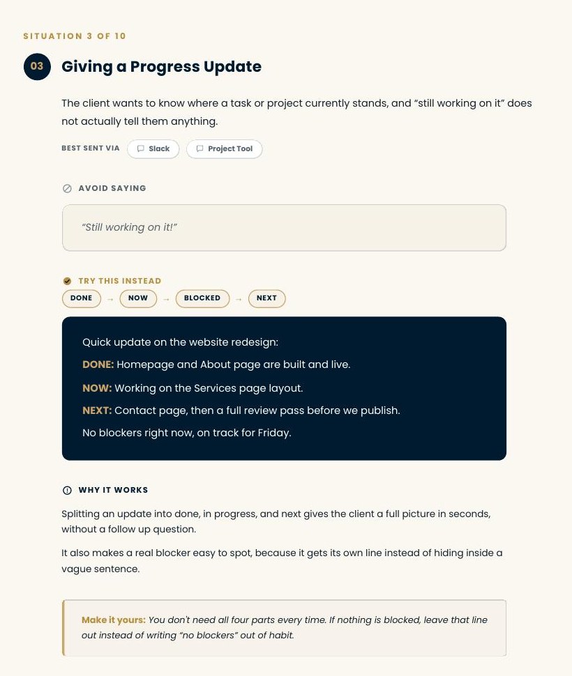 Sample page showing the DONE, NOW, BLOCKED, NEXT structure for writing a progress update.