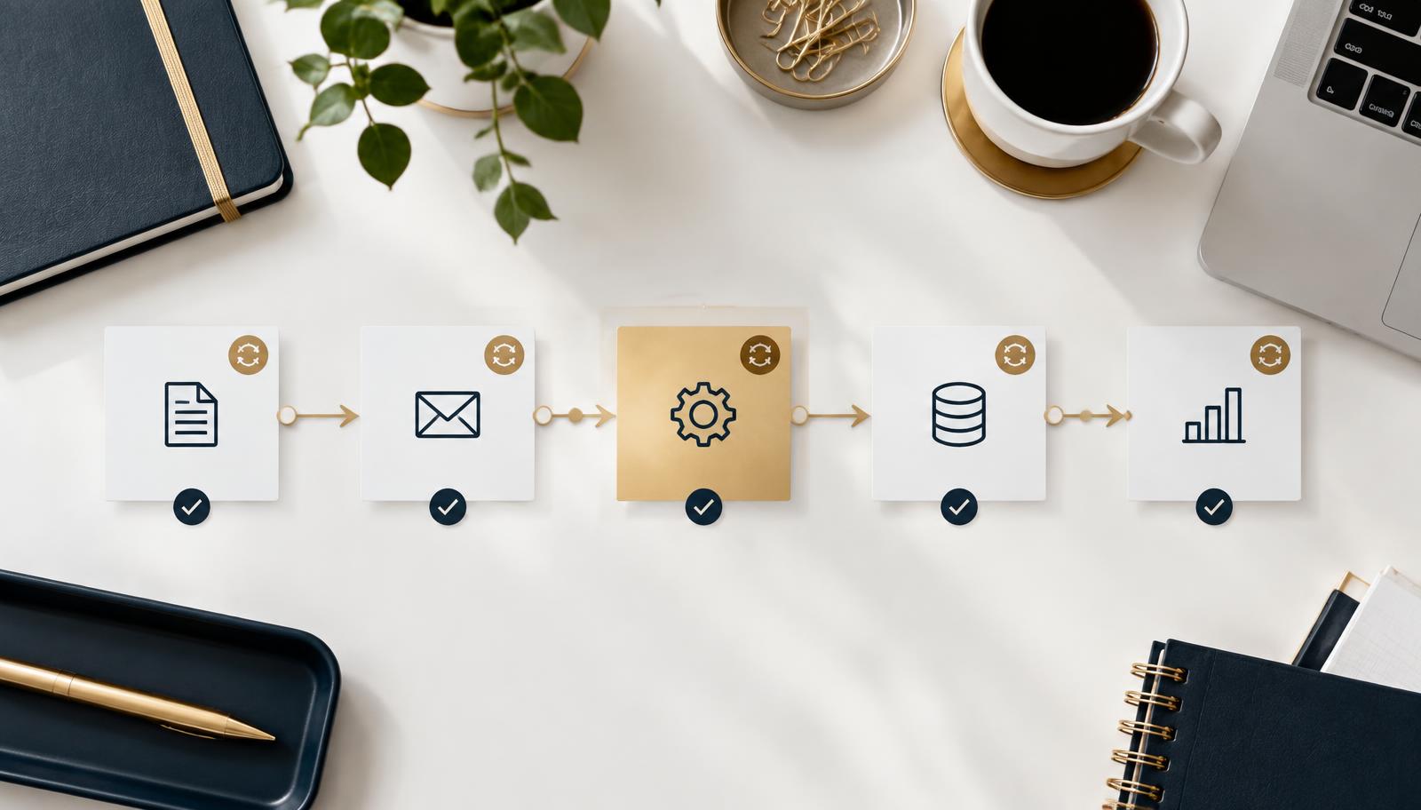 A sequence of connected business tasks with one automation step highlighted