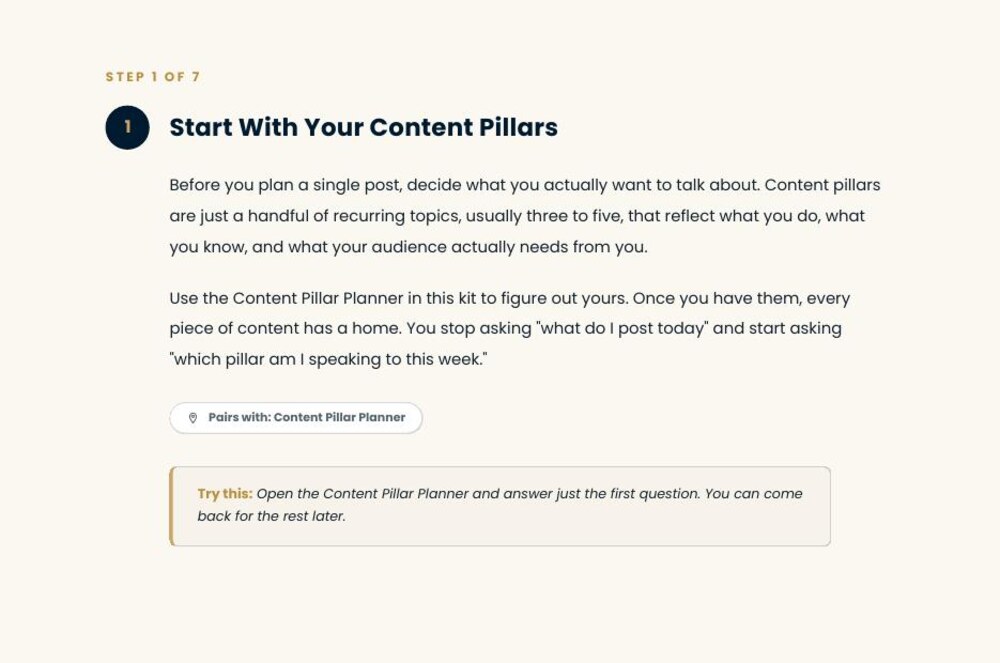 Step one of the quick-start guide explaining how to set content pillars