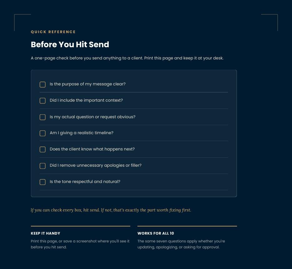 Sample page of the printable Before You Hit Send checklist with seven review questions.