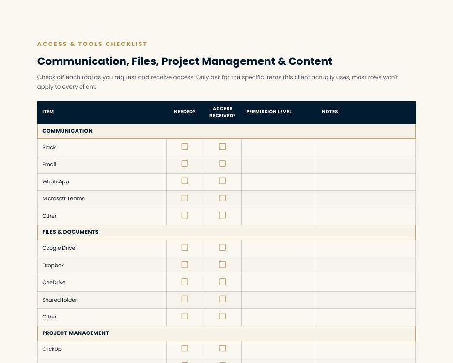 Access and Tools Checklist table covering communication, files, project management, and content tools