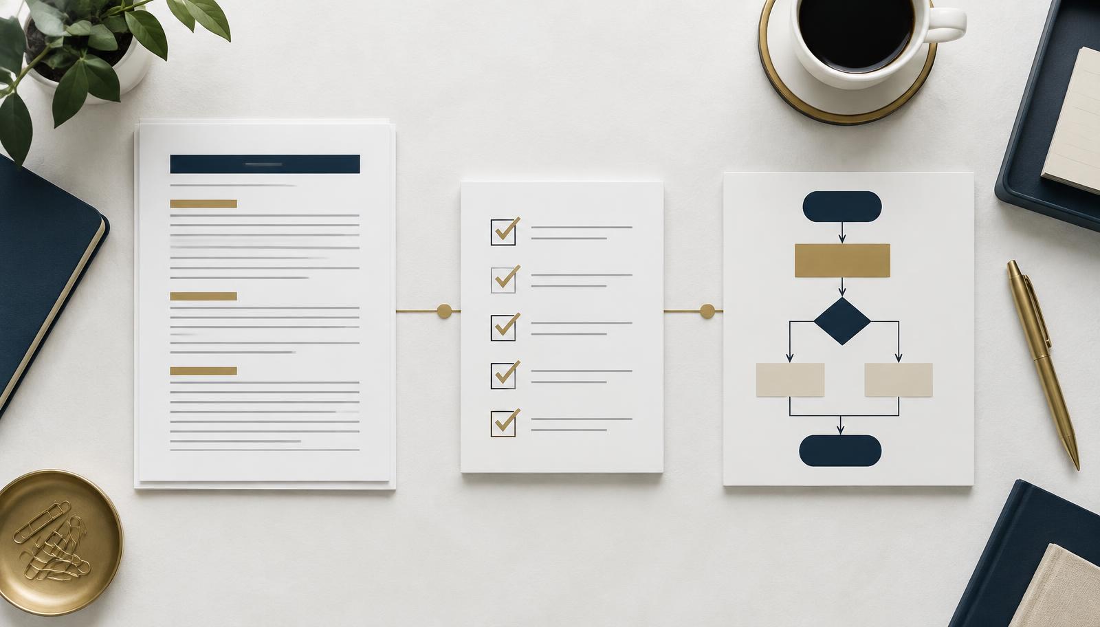 Procedure document, checklist, and workflow diagram arranged side by side