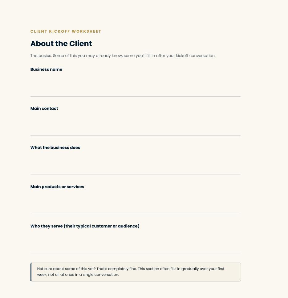 Client Kickoff Worksheet page with fields about the client business and contacts