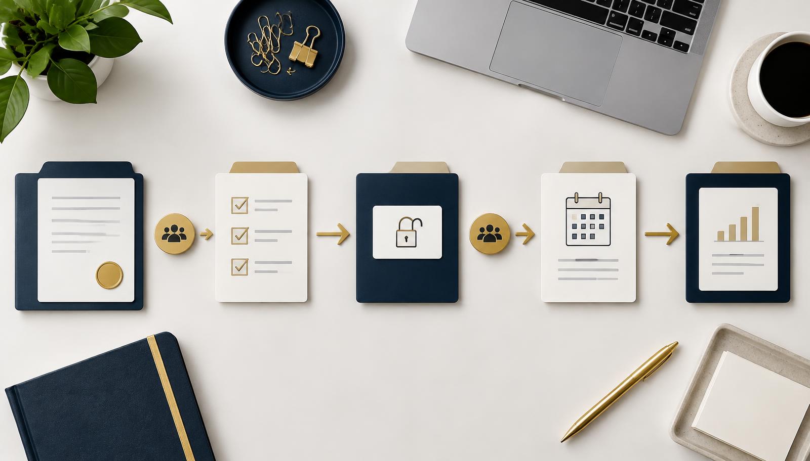 A structured client onboarding journey shown with connected folders and task cards