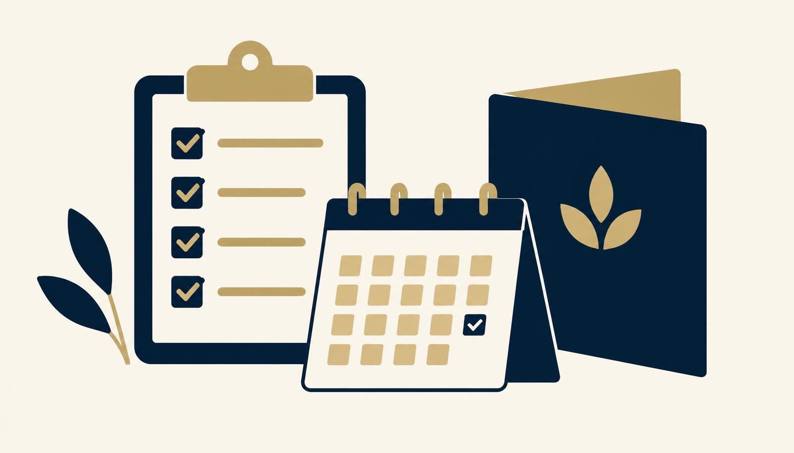 A ticked checklist on a clipboard beside a calendar and a welcome folder