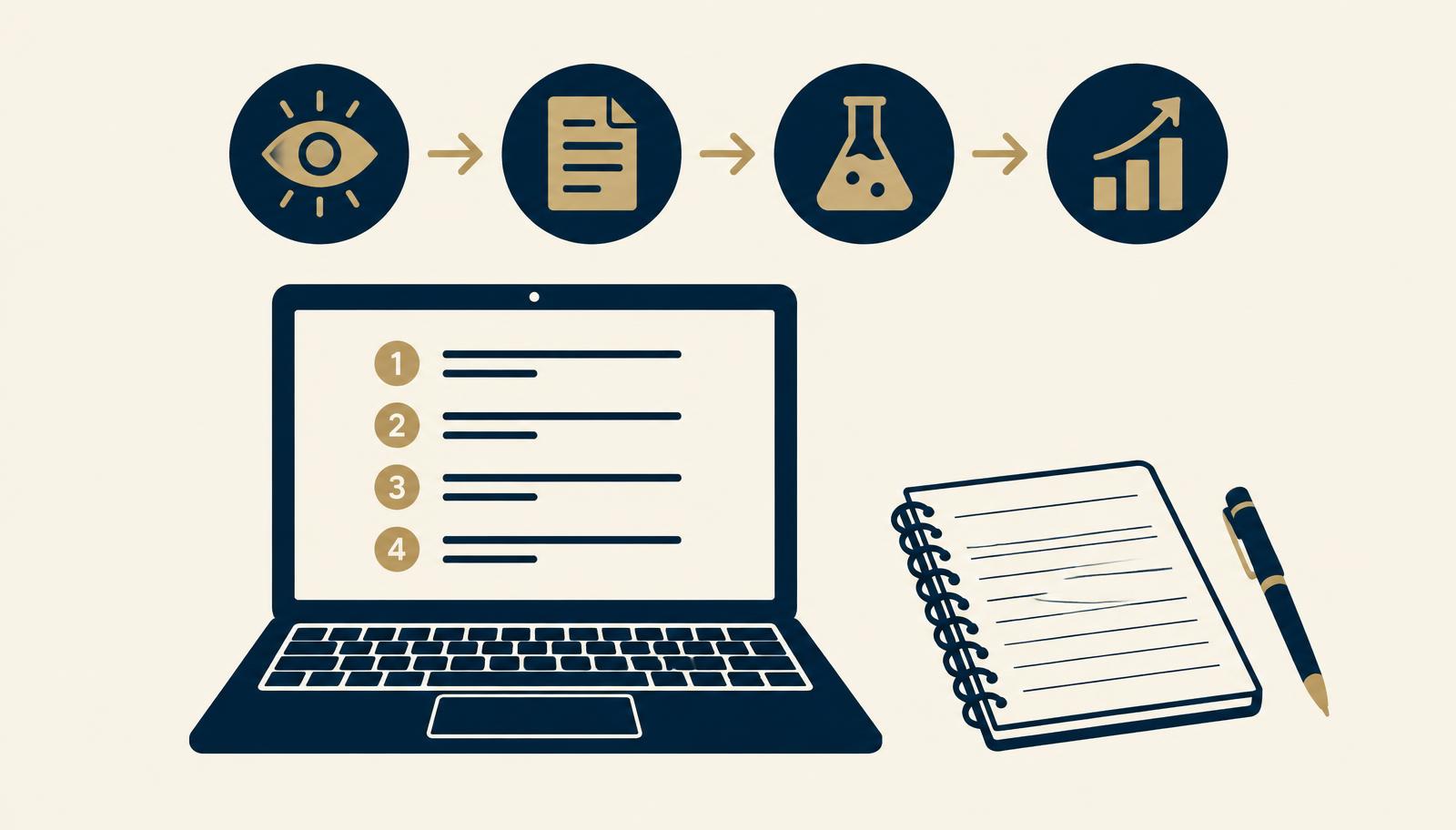 A laptop showing numbered procedure steps with icons for observe, document, test, and improve